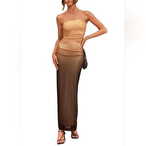 Tan and Brown Strapless, or with Straps, Maxi Dress, Stretch, Gradient, Ombre, S
